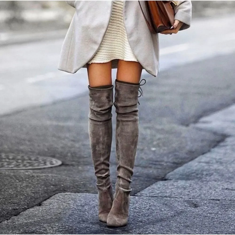 Stuart Weitzman Lowland Over-the-Knee Suede Boots Grey Size 7.5 OTK Minimalist